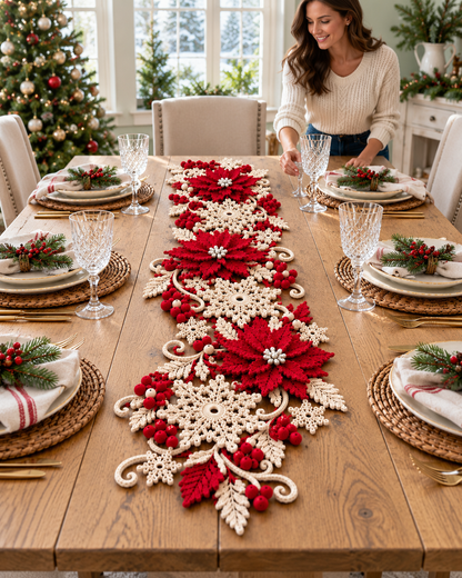 Poinsettia Snowflake Crochet Table Runner Pattern PDF – Christmas Decor