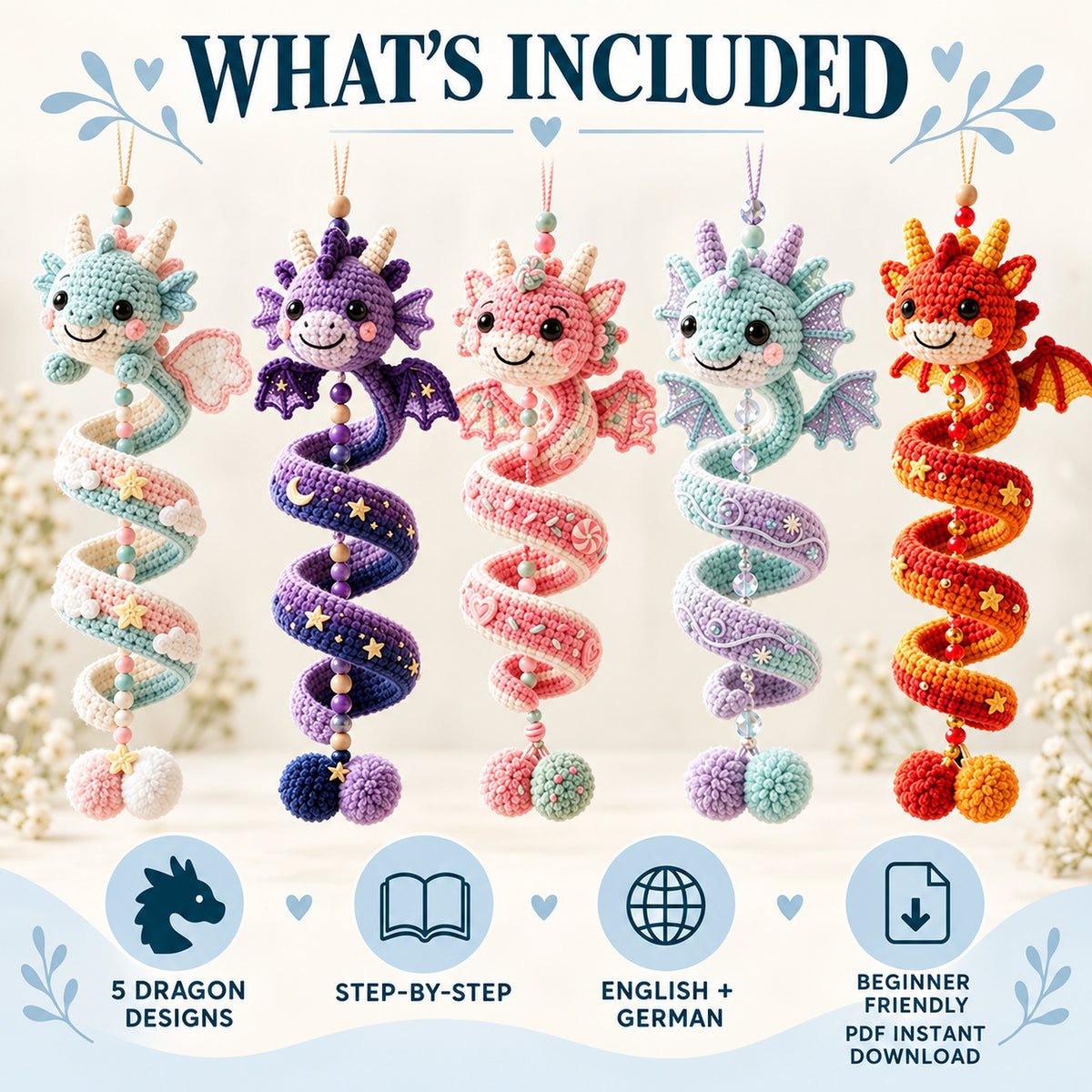 5-in-1 Crochet Spiral Dragon Pattern Bundle – Hanging Dragon PDF