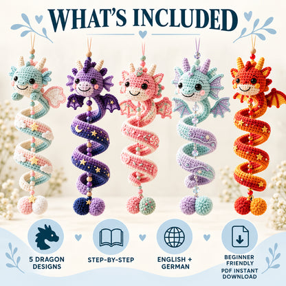 5-in-1 Crochet Spiral Dragon Pattern Bundle – Hanging Dragon PDF