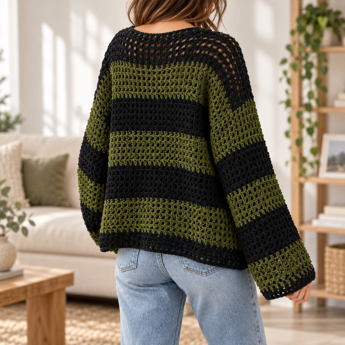 Oversized Crochet Sweater Pattern PDF – Easy Striped Mesh Pullover