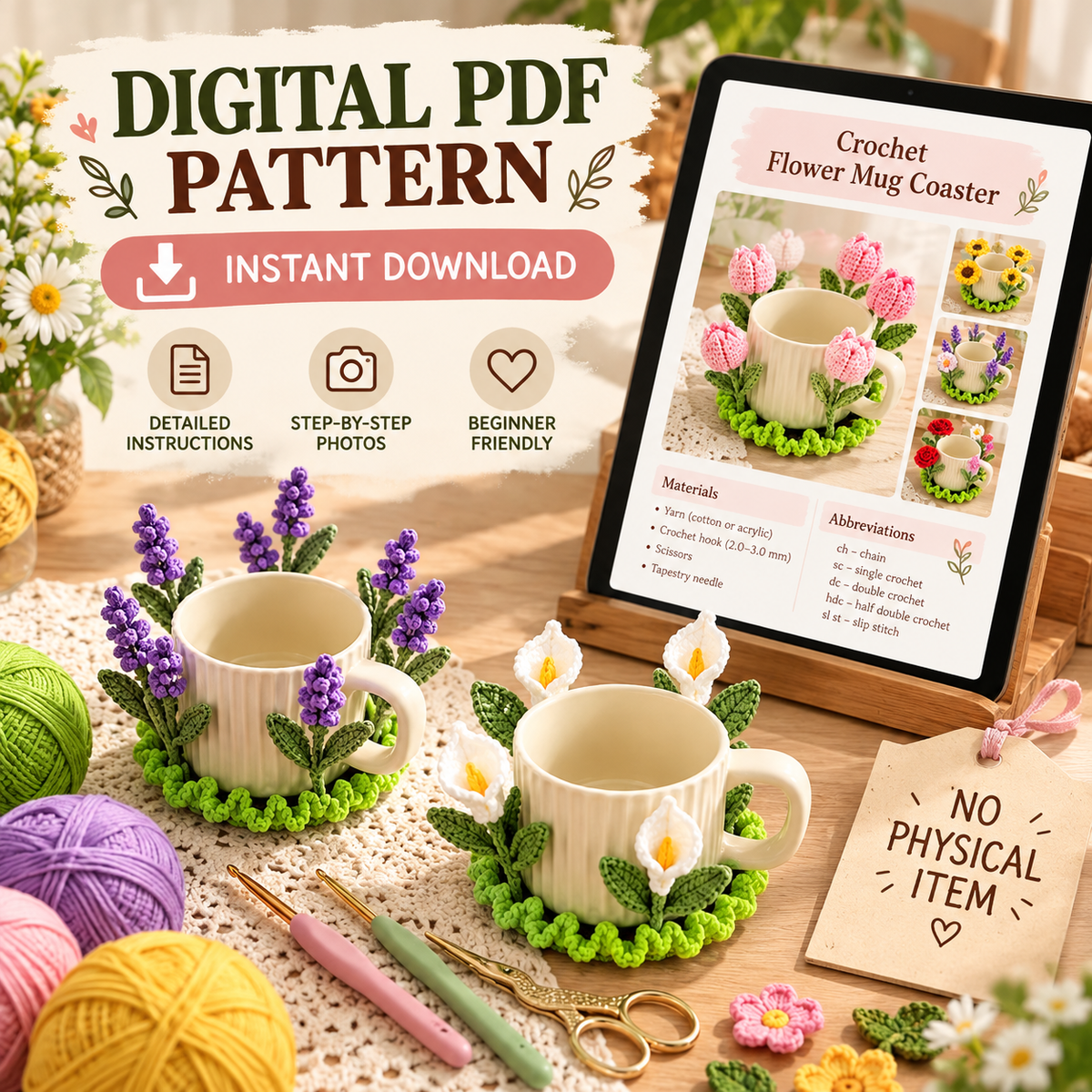 Popping Flower Coasters Crochet Pattern PDF – Sunflower & Rose