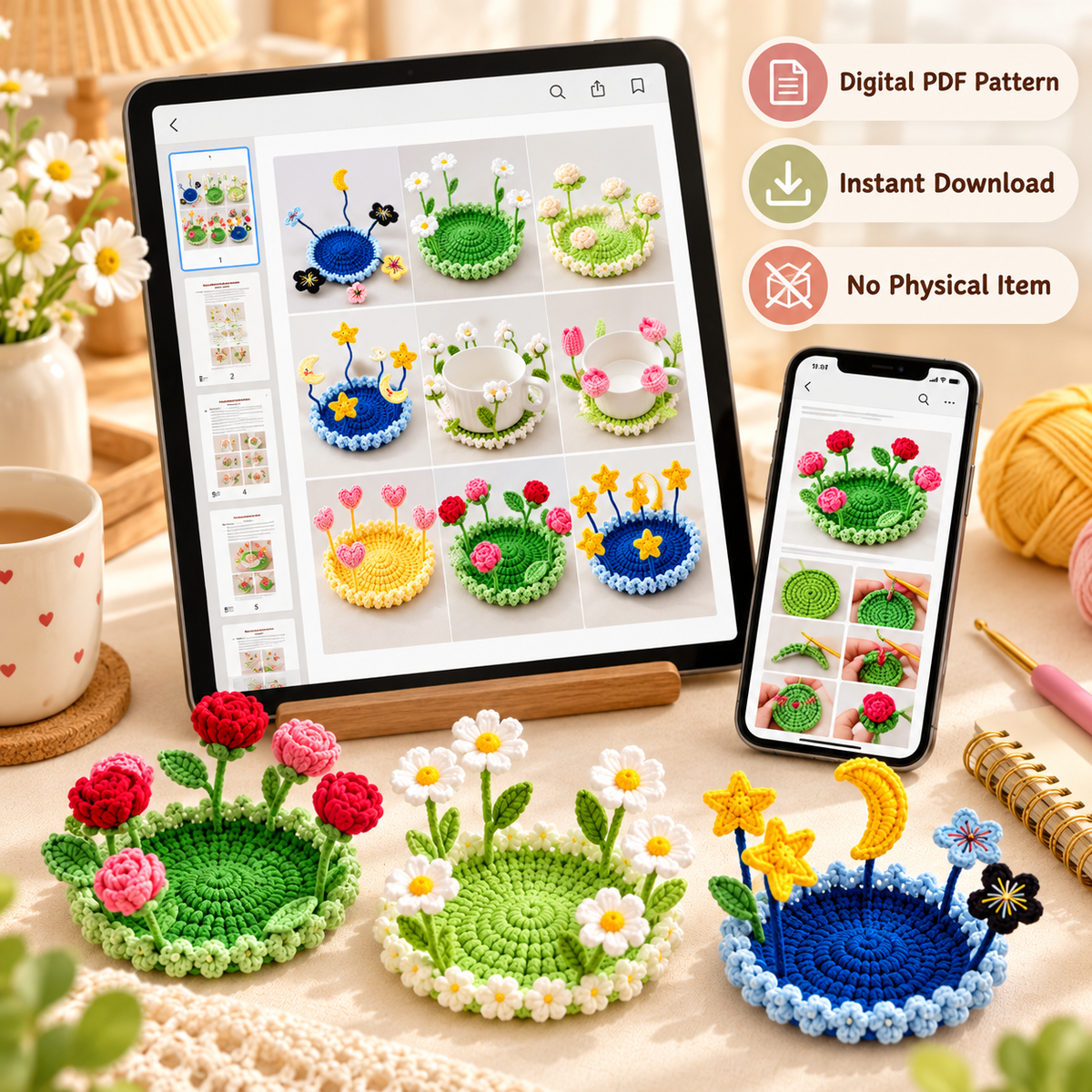 9-in-1 Pop Up Flower Coaster Crochet Pattern PDF – Floral & Holiday Designs