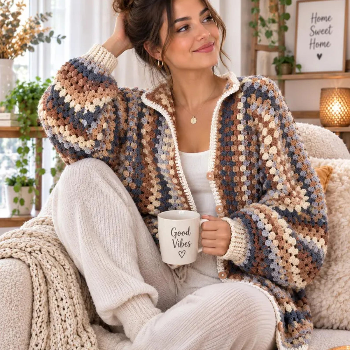 Granny Square Crochet Cardigan Pattern PDF – Oversized Boho Sweater