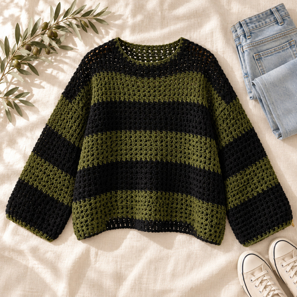 Oversized Crochet Sweater Pattern PDF – Easy Striped Mesh Pullover