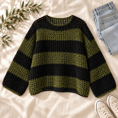 Oversized Crochet Sweater Pattern PDF – Easy Striped Mesh Pullover