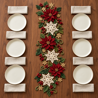 Christmas Crochet Table Runner Pattern – Poinsettia & Snowflake Holiday Decor PDF