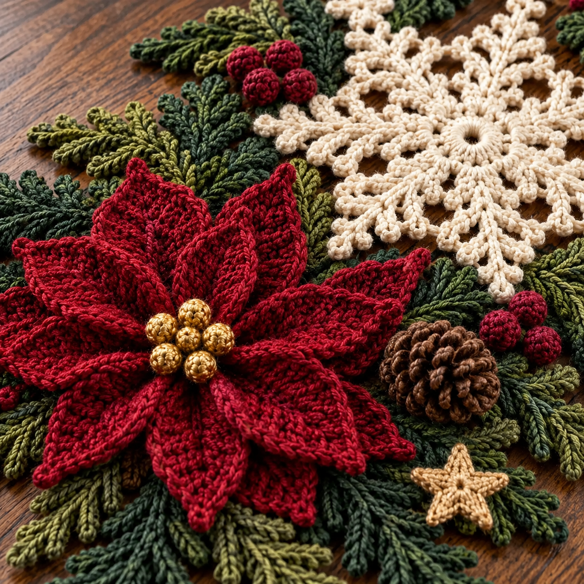Poinsettia Snowflake Table Runner Crochet Pattern – Christmas Decor PDF