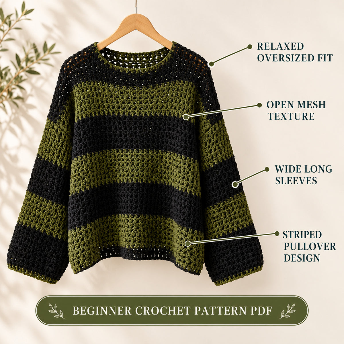 Oversized Crochet Sweater Pattern PDF – Easy Striped Mesh Pullover