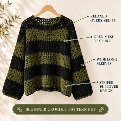 Oversized Crochet Sweater Pattern PDF – Easy Striped Mesh Pullover