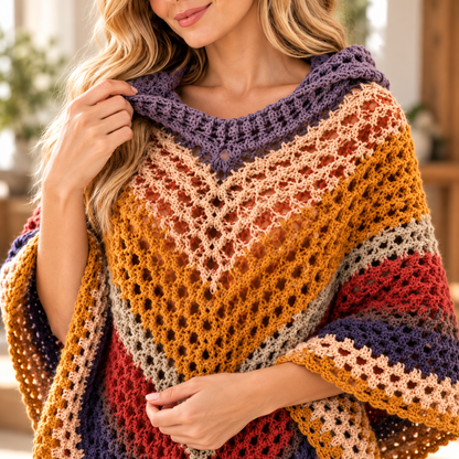 Autumn Leaves Crochet Hooded Poncho Pattern PDF – Colorful Fall Poncho