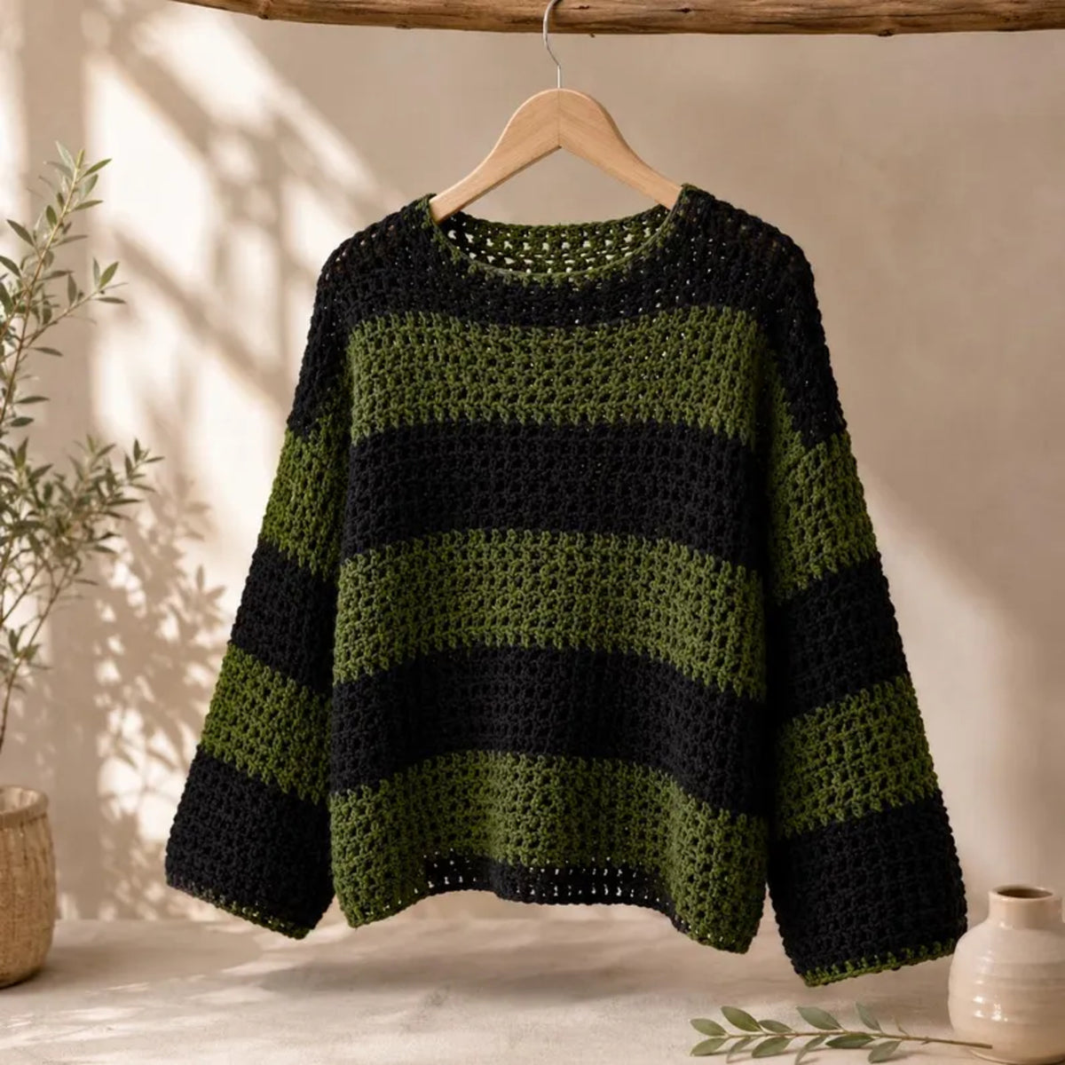 Oversized Crochet Sweater Pattern PDF – Easy Striped Mesh Pullover