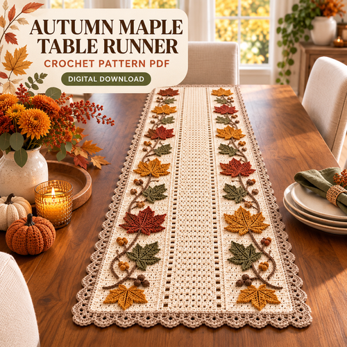 Autumn Maple Table Runner Crochet Pattern PDF – Fall Leaf & Acorn Decor