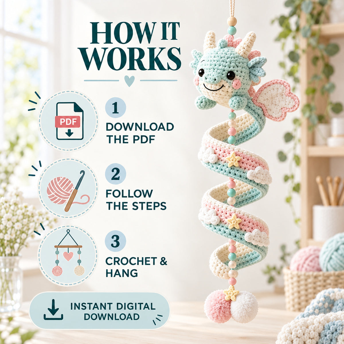 5-in-1 Crochet Spiral Dragon Pattern Bundle – Hanging Dragon PDF