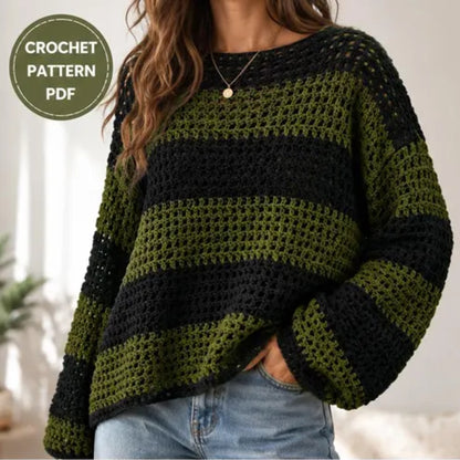 Oversized Crochet Sweater Pattern PDF – Easy Striped Mesh Pullover