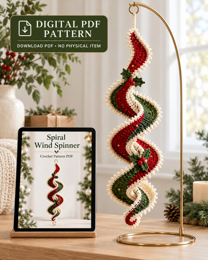 Christmas Crochet Spiral Wind Spinner Pattern PDF – Holly Ribbon Ornament