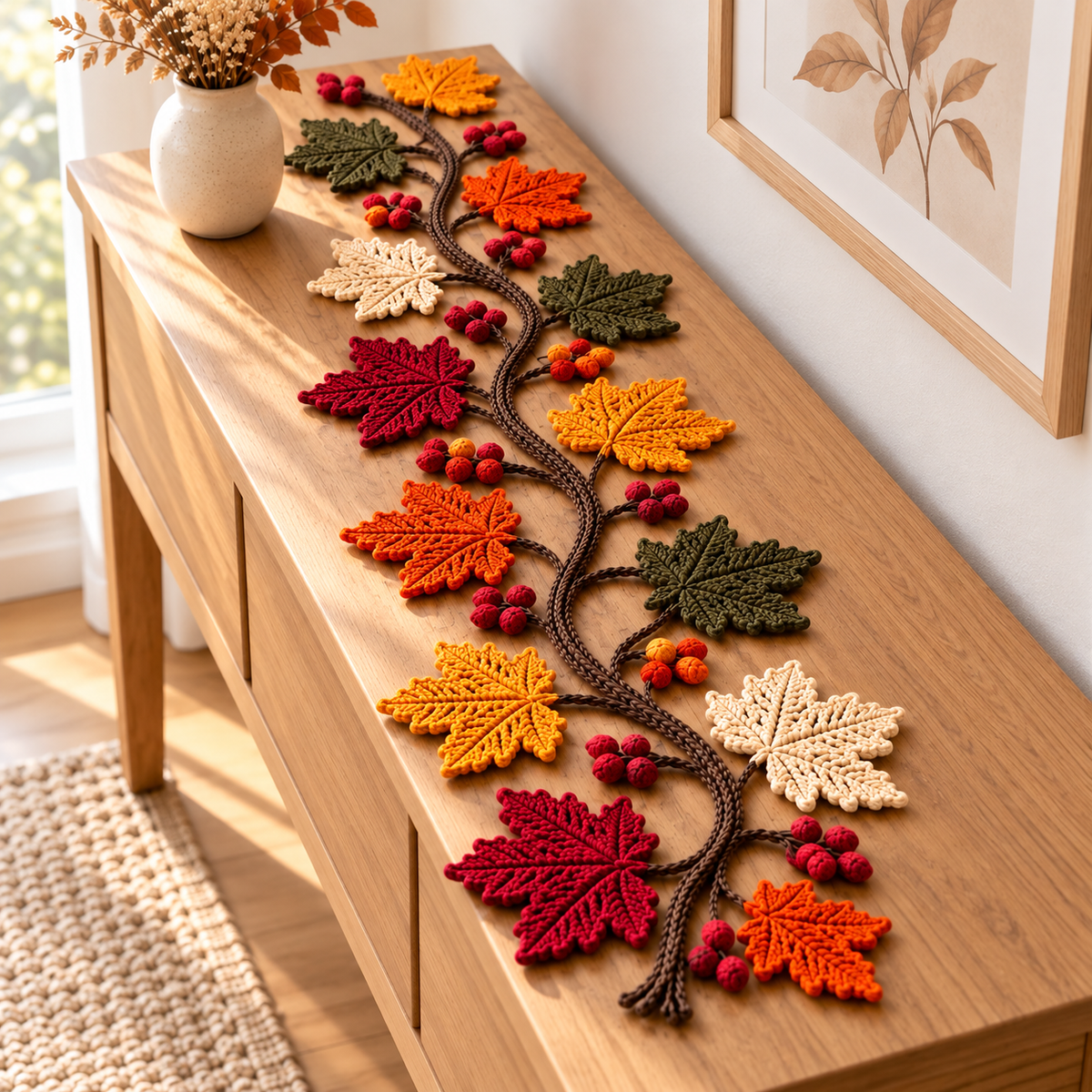 Autumn Leaf Table Runner Crochet Pattern PDF – Maple Leaf Vine Decor