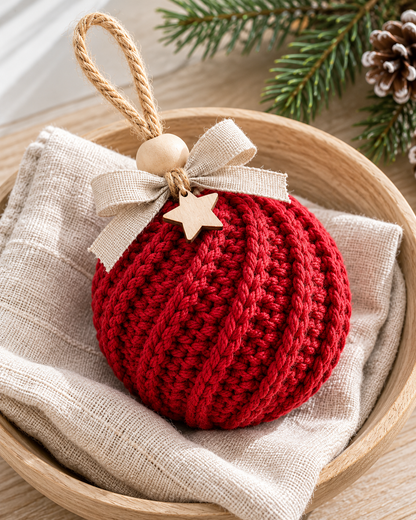 Crochet Christmas Bauble Pattern PDF – Twisted Rib Ornament with Bow