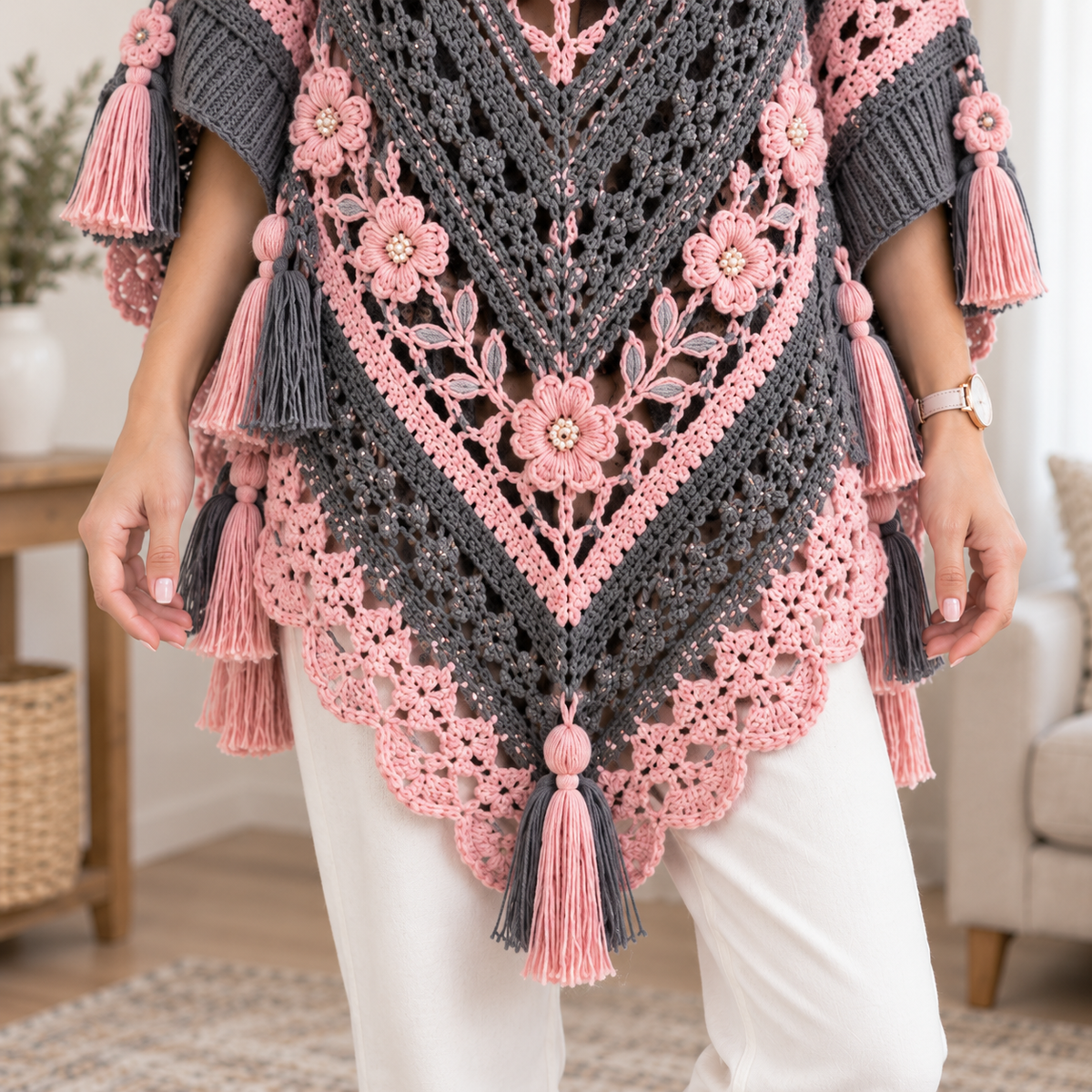 Rosewood Floral Crochet Poncho Pattern PDF – Boho Turtleneck Cape