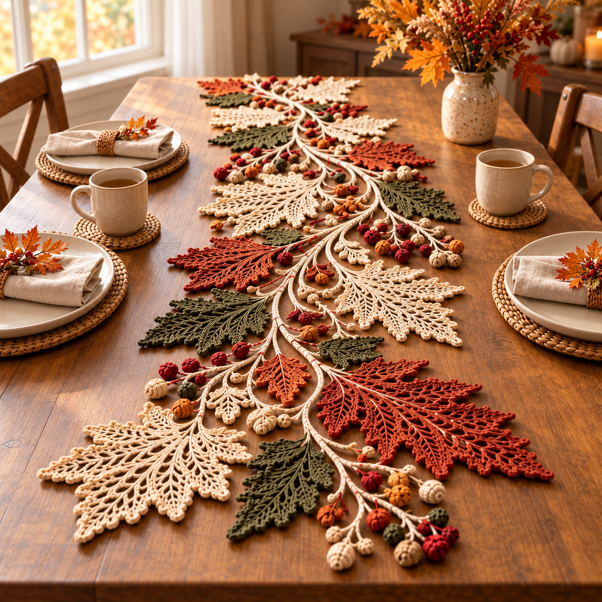 Autumn Leaf Table Runner Crochet Pattern PDF – Fall Lace Runner & Coasters