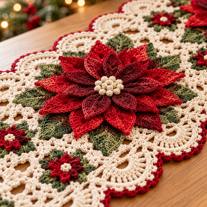 Christmas Poinsettia Crochet Table Runner Pattern – Holiday Lace Decor PDF