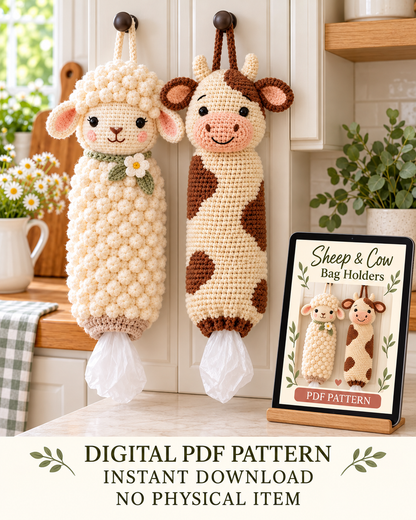Sheep & Cow Crochet Bag Holder Patterns PDF – Farmhouse Kitchen Decor