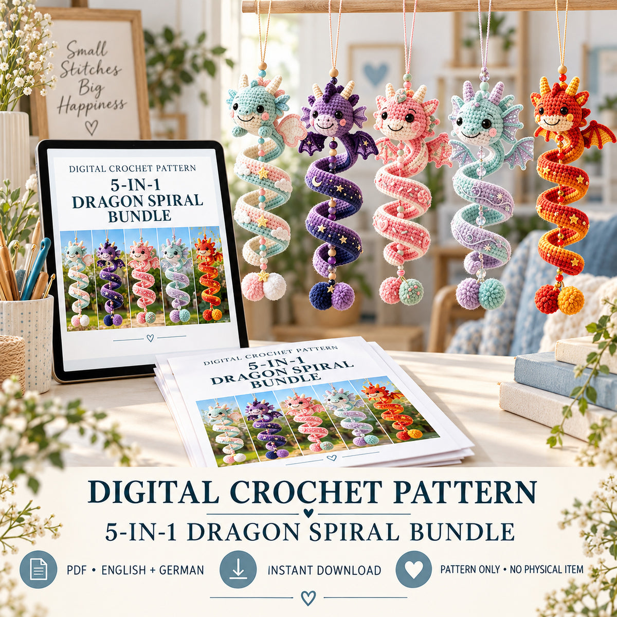 5-in-1 Crochet Spiral Dragon Pattern Bundle – Hanging Dragon PDF