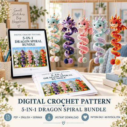 5-in-1 Crochet Spiral Dragon Pattern Bundle – Hanging Dragon PDF