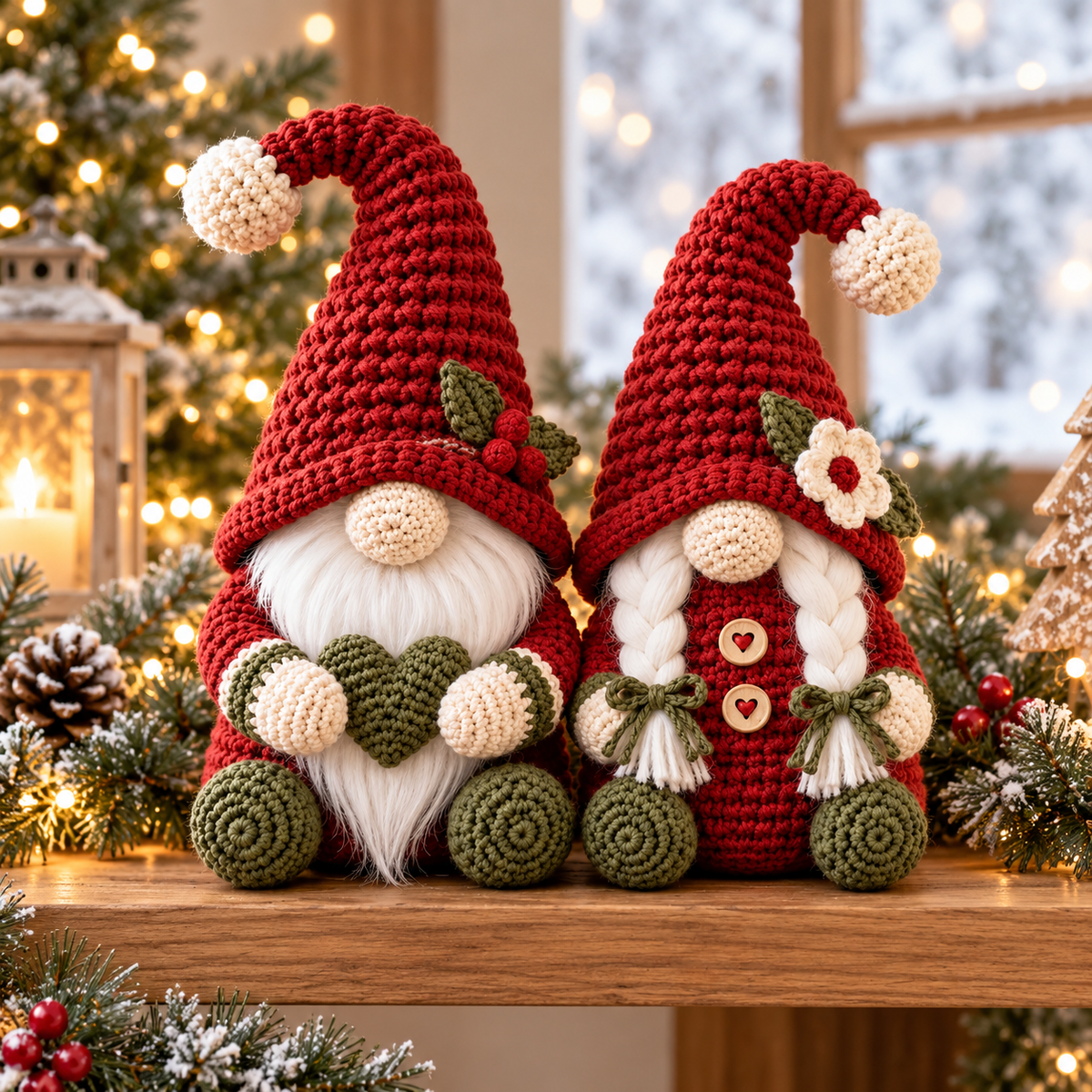 Christmas Gnome Couple Crochet Pattern PDF, Male & Female Amigurumi Shelf Sitters