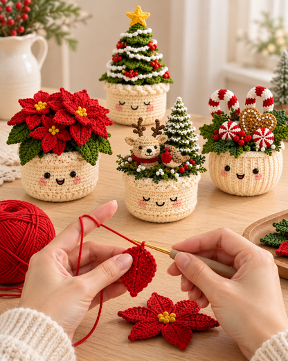 3 Christmas Crochet Pot Patterns PDF – Tree, Poinsettia & Reindeer