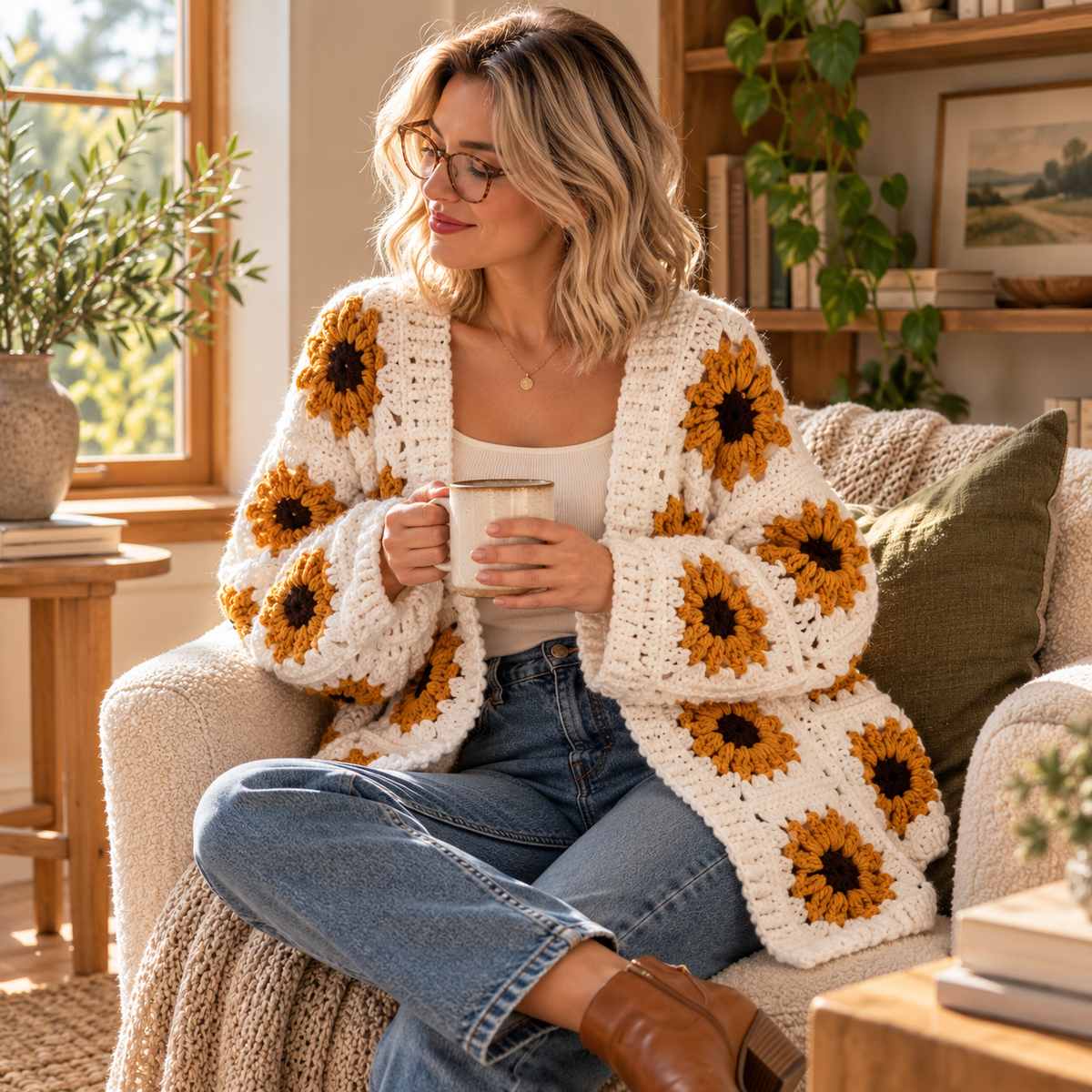 Sunflower Granny Square Crochet Cardigan Pattern PDF, Oversized Floral Sweater