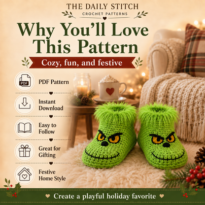 Green Christmas Slippers Crochet Pattern PDF – Cozy Holiday House Slippers