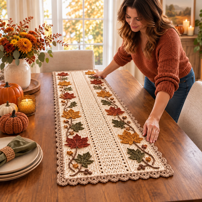 Autumn Maple Table Runner Crochet Pattern PDF – Fall Leaf & Acorn Decor
