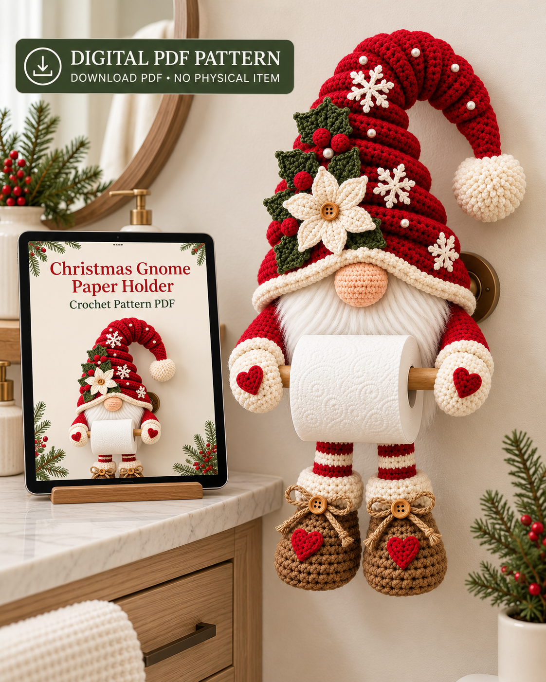 Christmas Gnome Toilet Paper Holder Crochet Pattern PDF