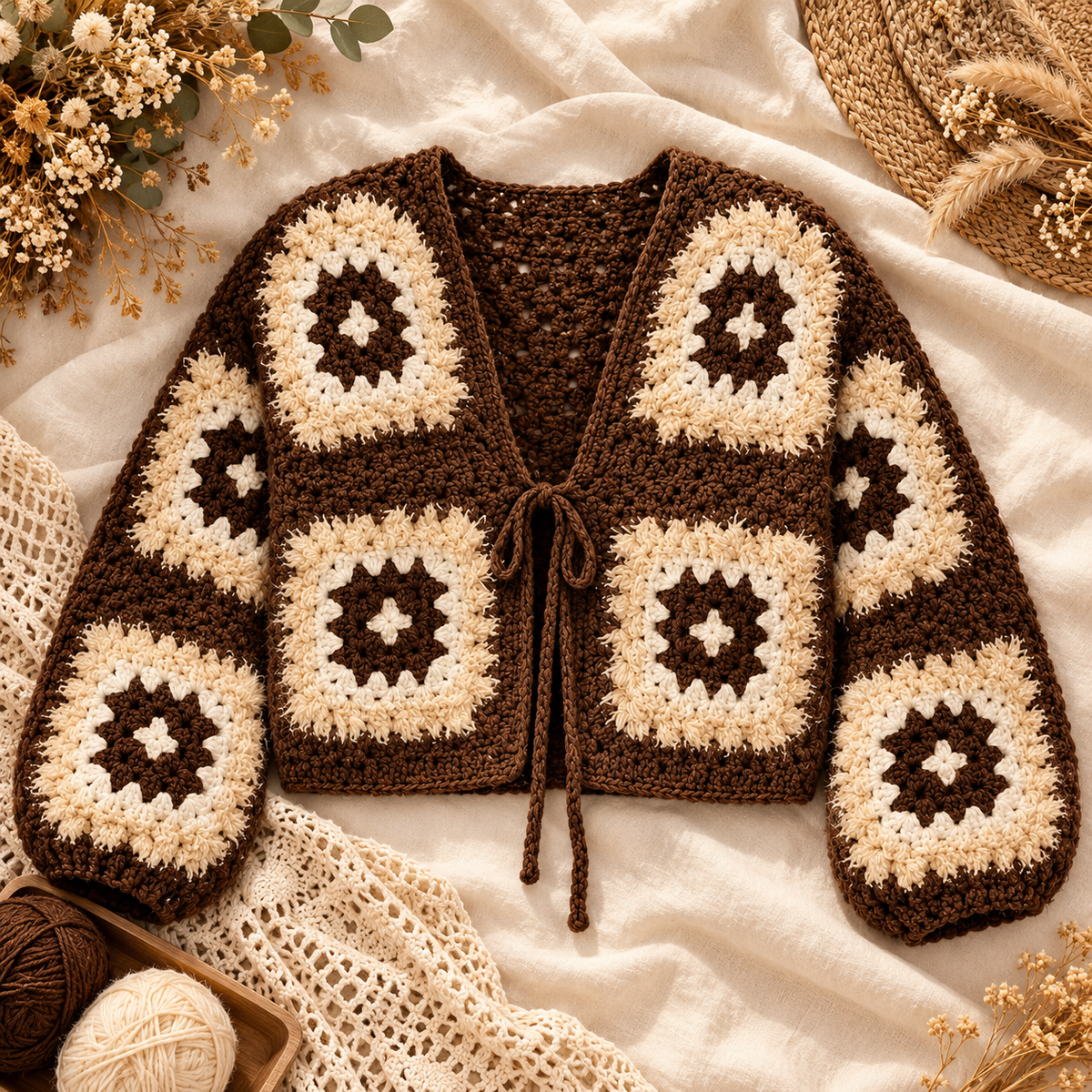 Fuzzy Granny Square Cardigan Crochet Pattern PDF – Cropped Sweater XS–5XL