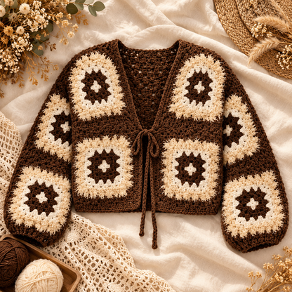 Fuzzy Granny Square Cardigan Crochet Pattern PDF – Cropped Sweater XS–5XL