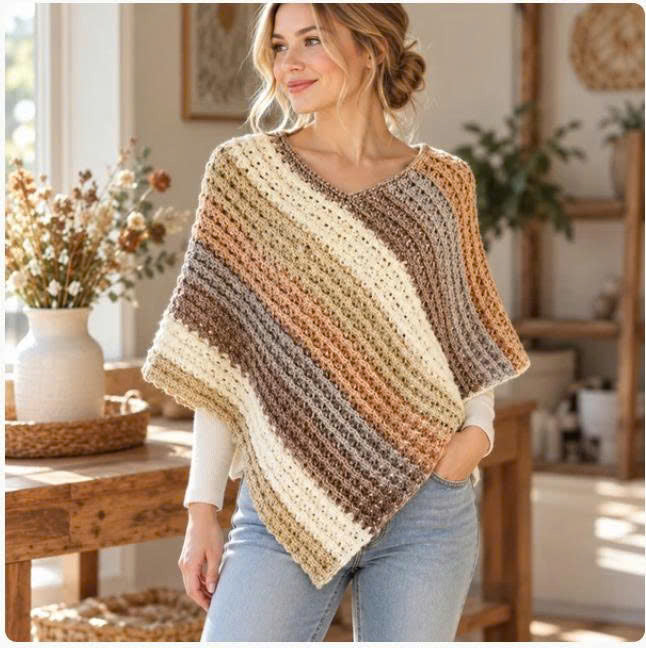Sunset Crochet Poncho Pattern PDF – Oversized Striped Women's Wrap