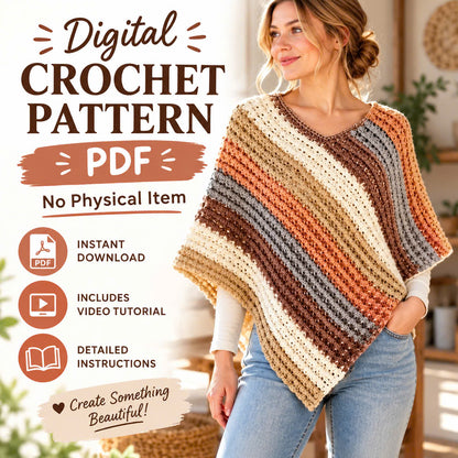 Sunset Crochet Poncho Pattern PDF – Oversized Striped Women's Wrap