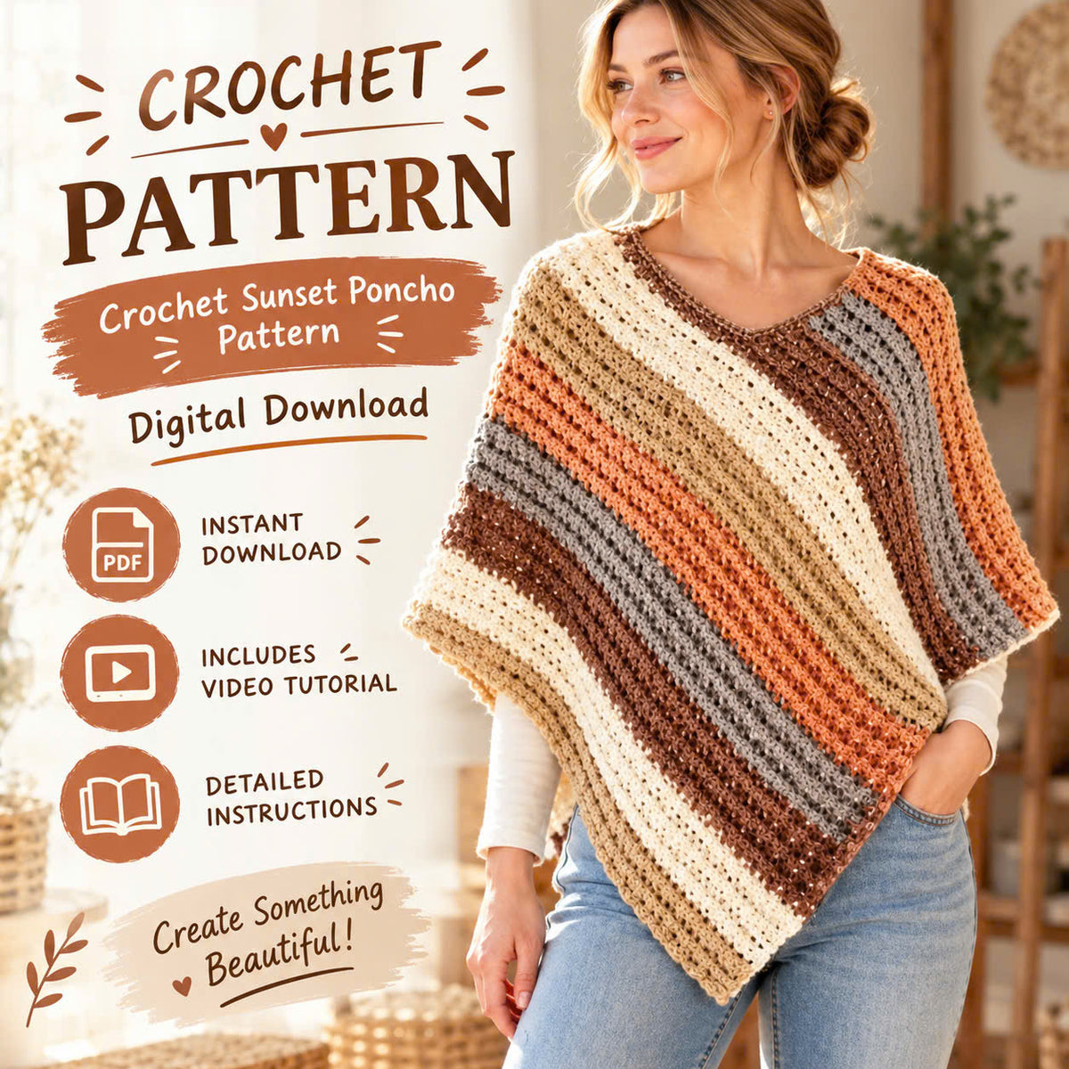 Sunset Crochet Poncho Pattern PDF – Oversized Striped Women's Wrap
