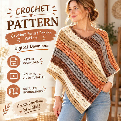 Sunset Crochet Poncho Pattern PDF – Oversized Striped Women's Wrap