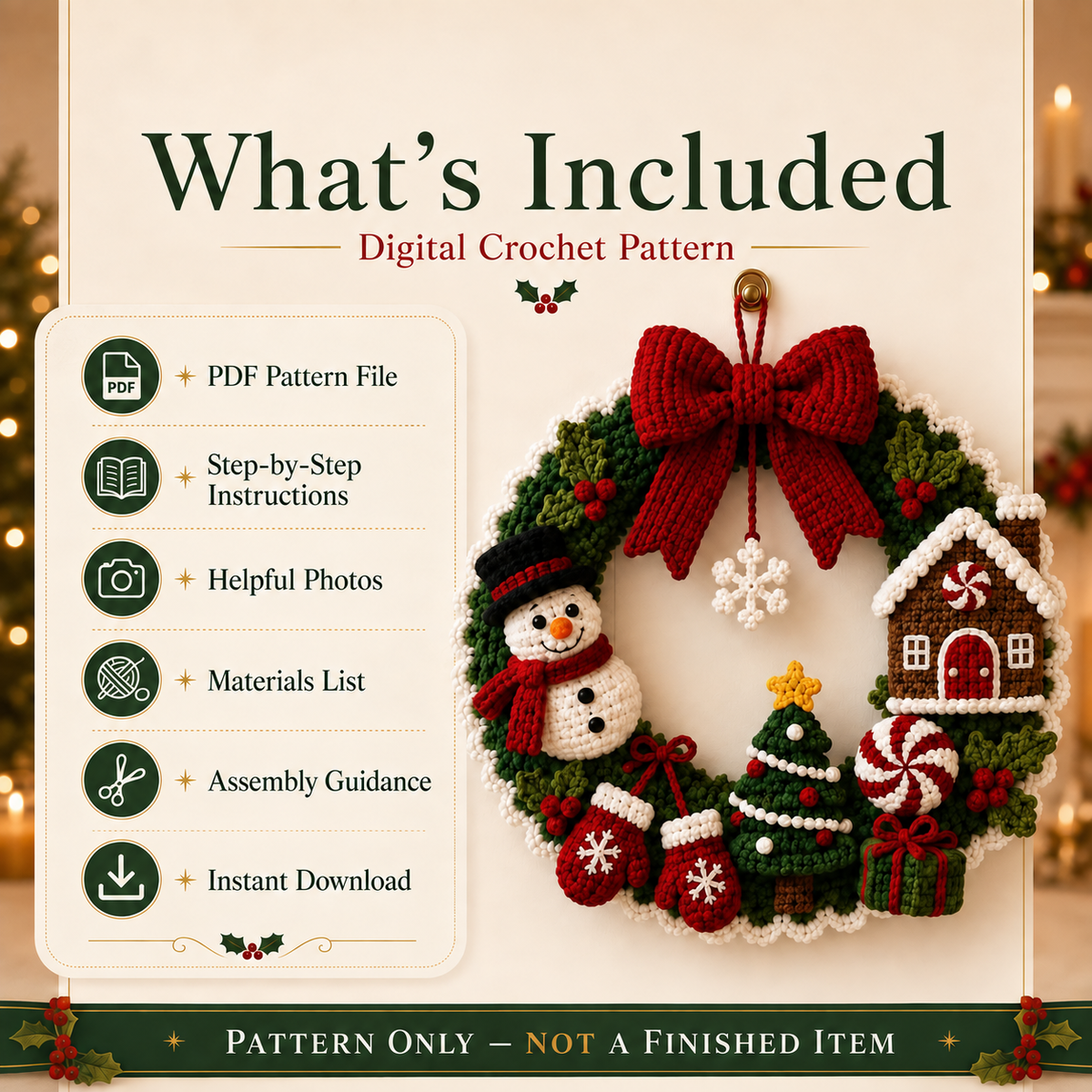 Christmas Crochet Wreath Pattern PDF – Snowman, Gingerbread House, Tree & Holiday Door Decor