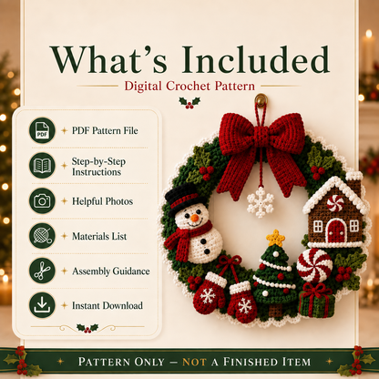 Christmas Crochet Wreath Pattern PDF – Snowman, Gingerbread House, Tree & Holiday Door Decor