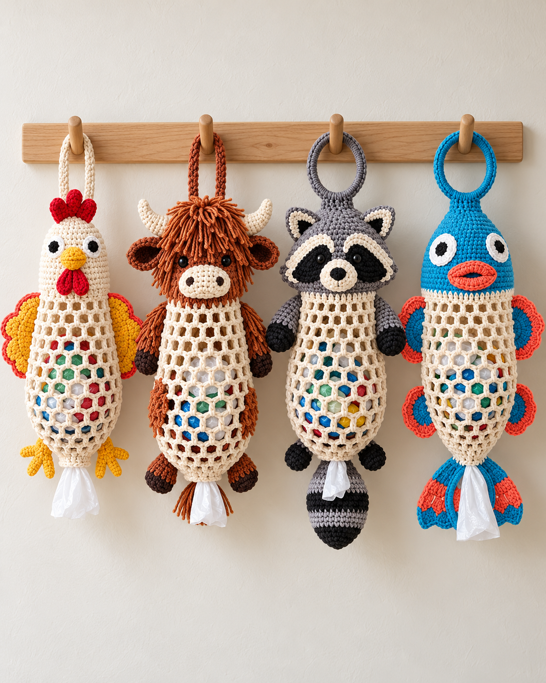 Animal Crochet Plastic Bag Holder Patterns PDF – Cow, Chicken, Fish & Raccoon