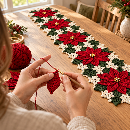 Poinsettia Crochet Table Runner Pattern PDF – Christmas Floral Table Decor