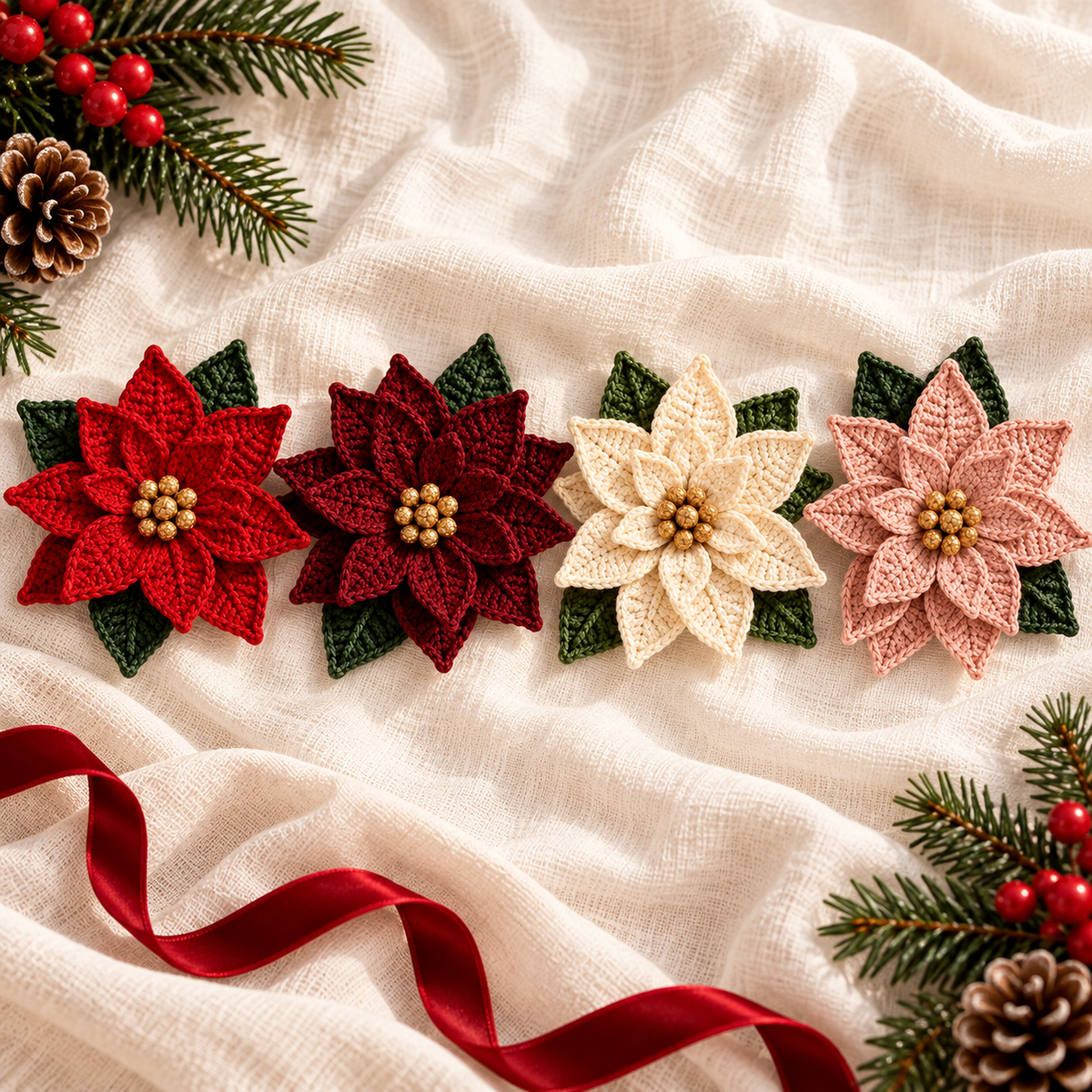 Crochet Poinsettia Pattern PDF – Christmas Flower for Napkin Rings & Ornaments