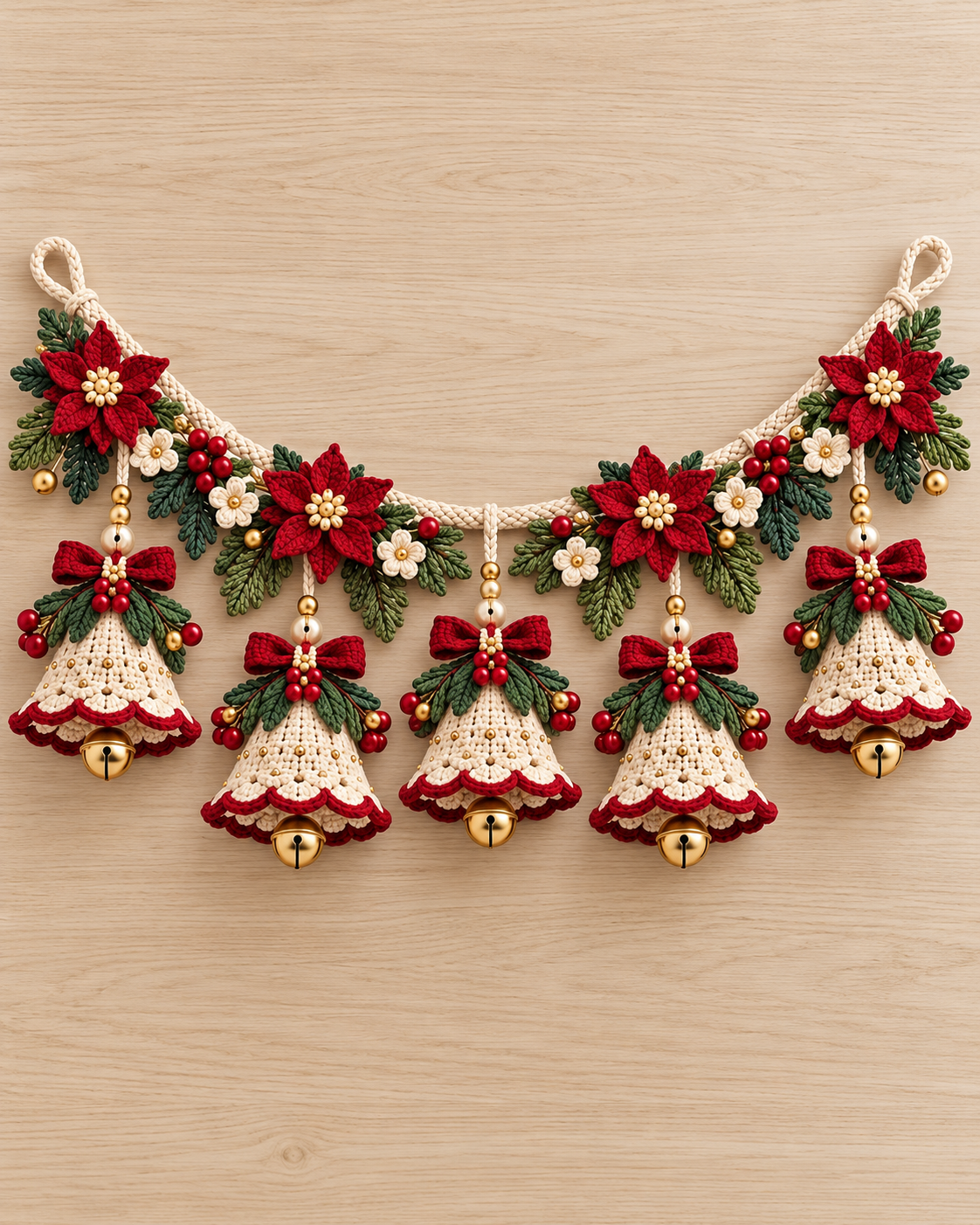 Christmas Bell Garland Crochet Pattern PDF – Poinsettia & Bows