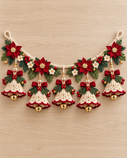 Christmas Bell Garland Crochet Pattern PDF – Poinsettia & Bows