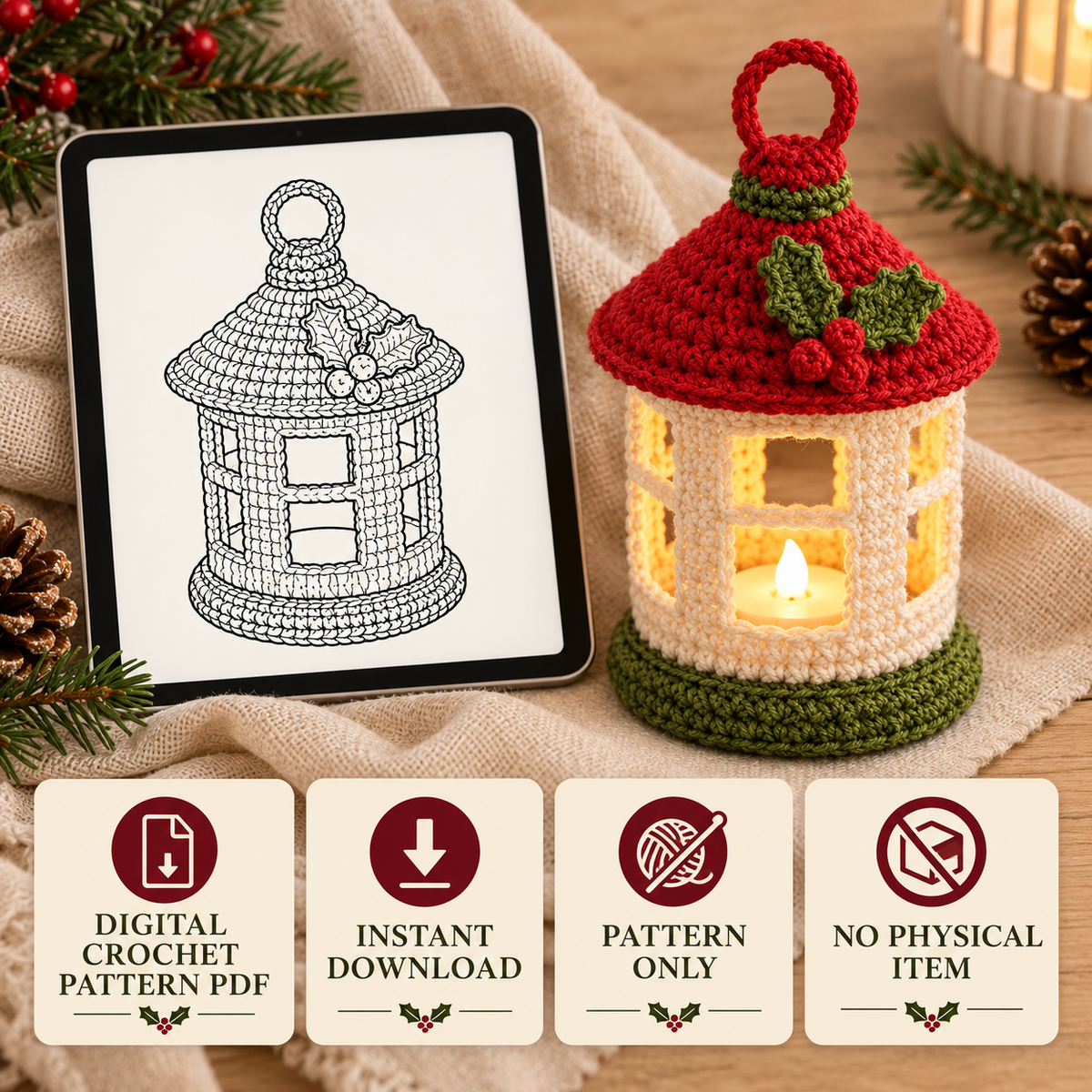 Mini Christmas Lantern Crochet Pattern PDF – LED Tealight Holder