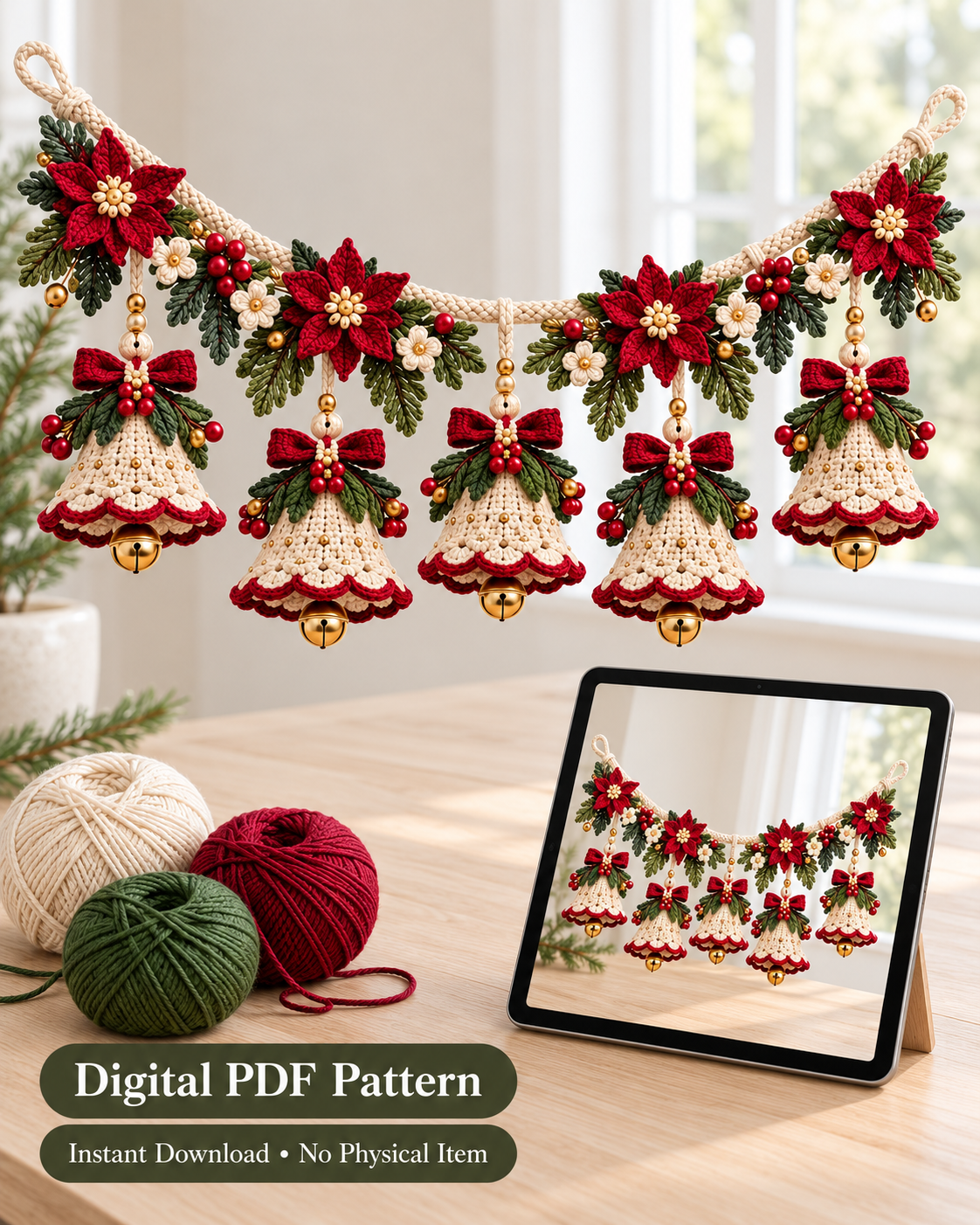 Christmas Bell Garland Crochet Pattern PDF – Poinsettia & Bows