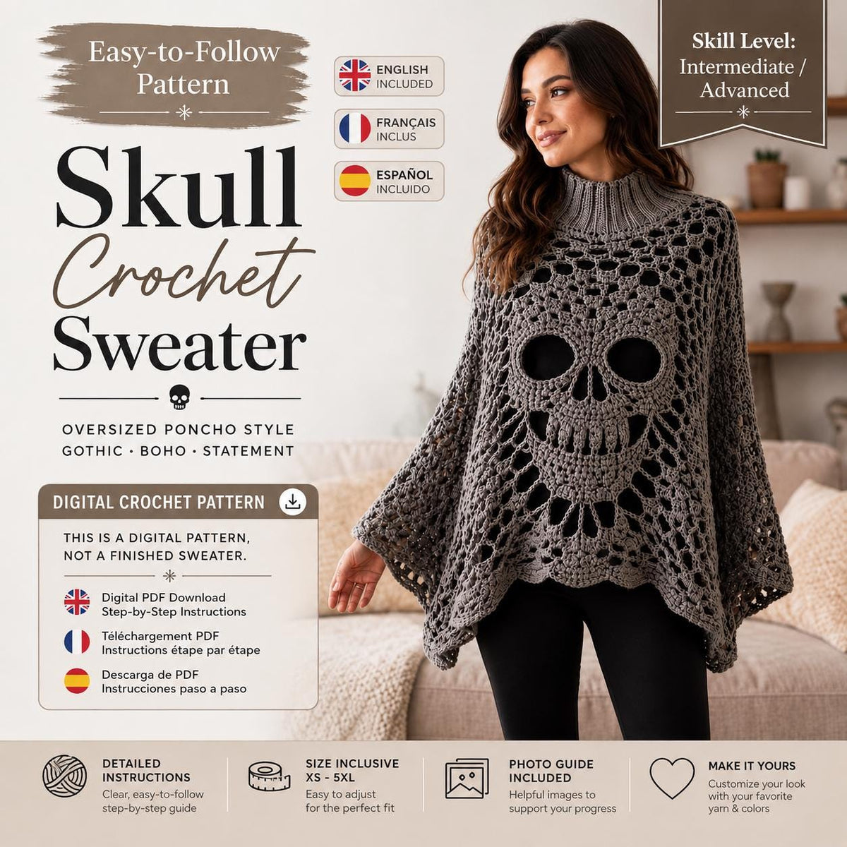 Skull Lace Poncho Crochet Pattern PDF | Step-by-Step Gothic Sweater Tutorial | Halloween Skull Top