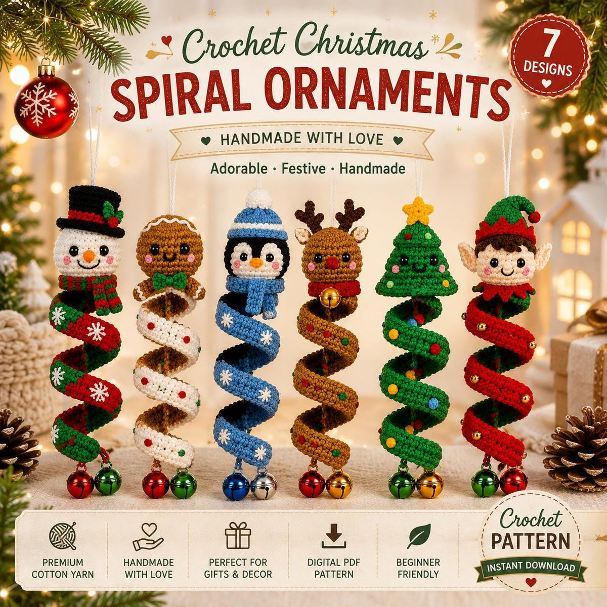 6 Christmas Spiral Ornaments Crochet Bundle Pattern Bundle, 6 Spiral Spinning Craft PDF, Home Decor